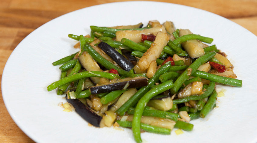 Wok Gemüse: Auberginen mit grünen Bohnen