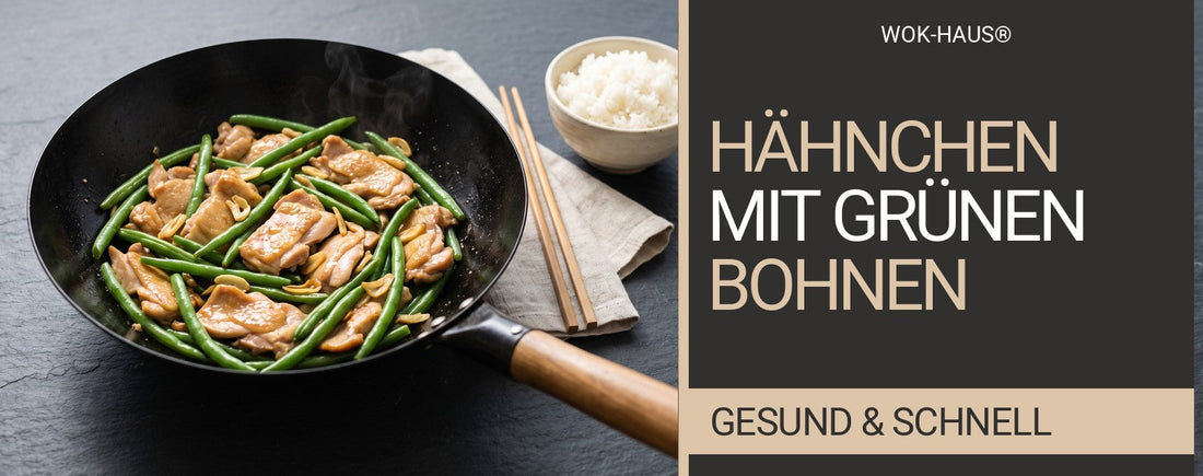 Hähnchen mit grünen Bohnen, Knoblauch und Shaoxing-Reiswein