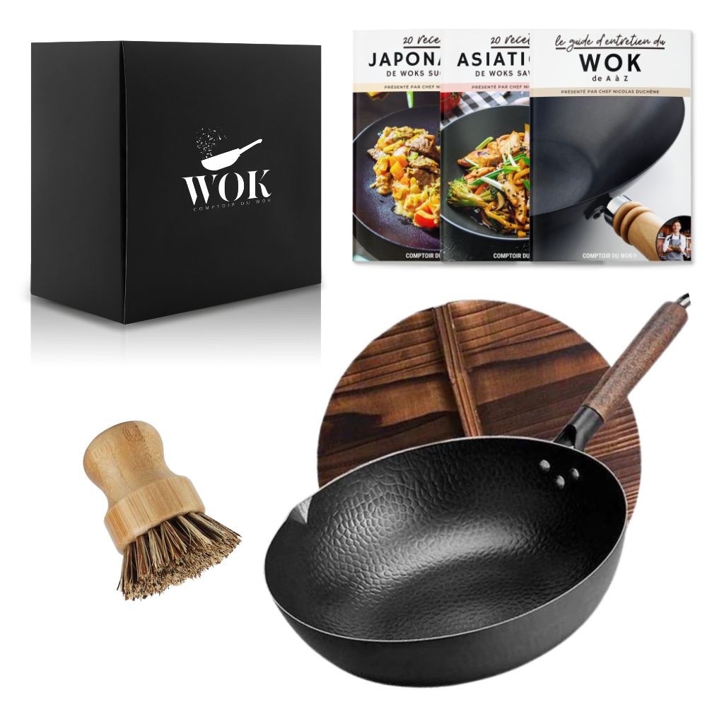 Le Nemiro Induktions Wok Set Karbonstahl in produktneutraler Vorderansicht