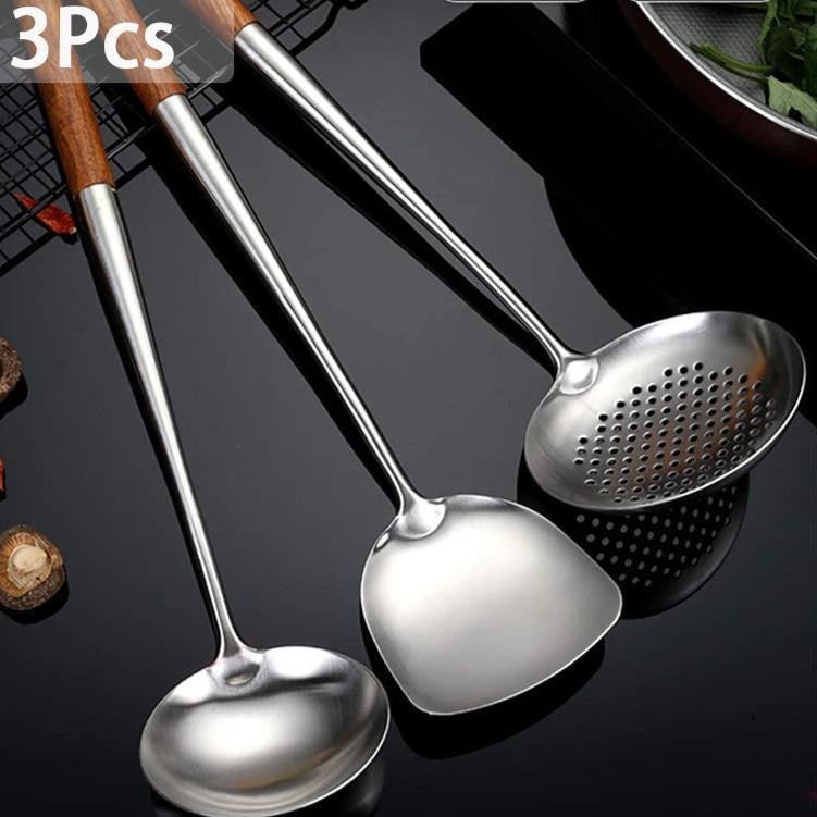 Le Kit Wok Pfannenwender Set Detail des robusten Holzgriffs und Materials