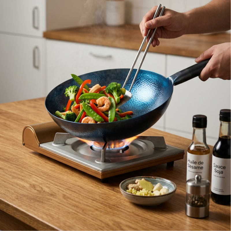 Le Kasoma Handgehämmerter Wok mit Holzkelle und asiatischen Zutaten