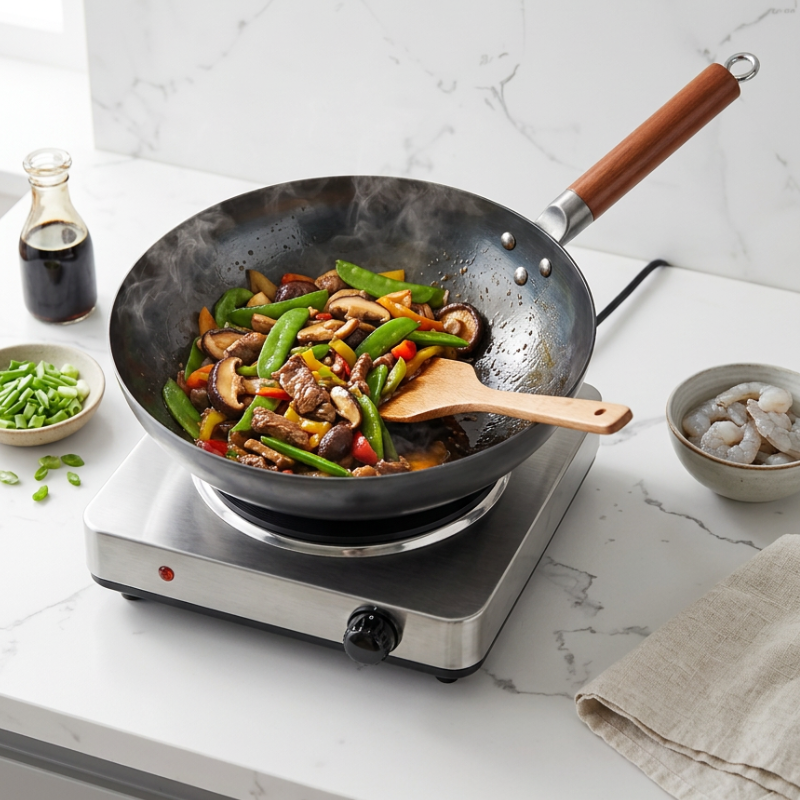 Le Shiretoko Schmiedeeisen-Wok 32 cm mit Holzwender und frischem Gemüse