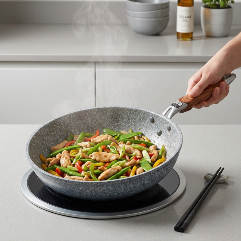 Le Yukano Wok Keramikbeschichtet auf Induktionskochfeld bei voller Hitze