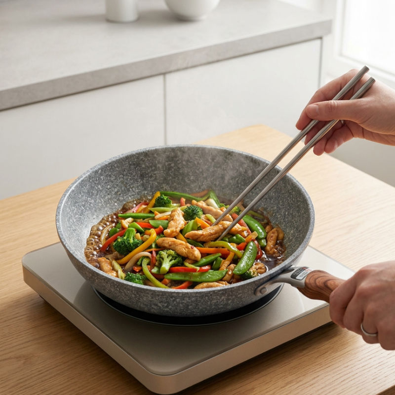 Le Yukano Wok Keramikbeschichtet Draufsicht mit fertig zubereitetem Wokgericht