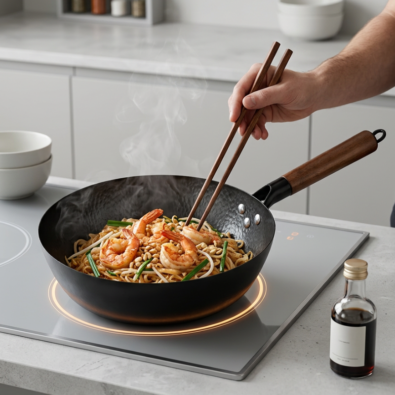 Le Rokko japanischer Wok im Größenvergleich neben Reisschale