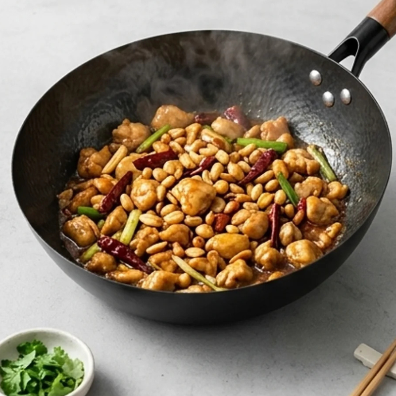 Le Rokko japanischer Wok beim Schwenken von frischem Gemüse