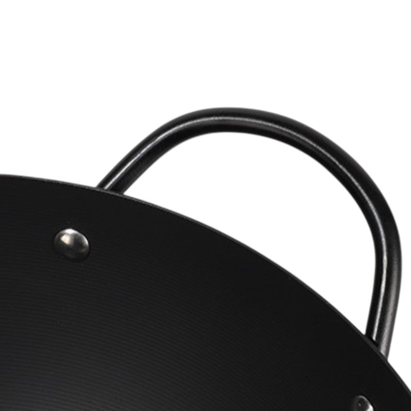 Le Ikari Eisen Wok Flacher Boden mit Holzdeckel und Wender