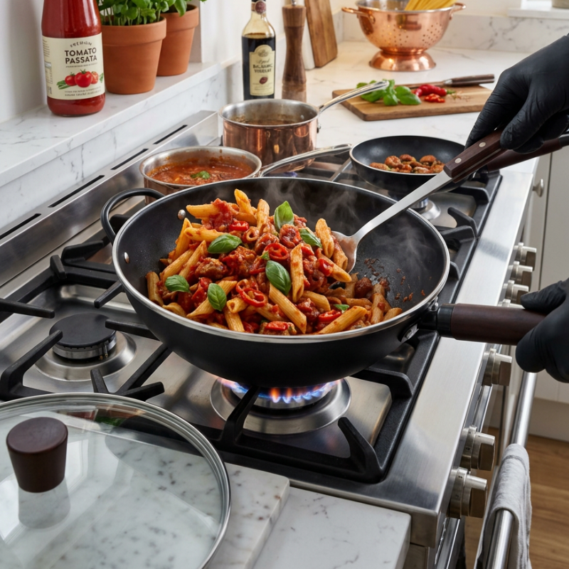 Le Ikari Eisen Wok Flacher Boden in Draufsicht mit Patina