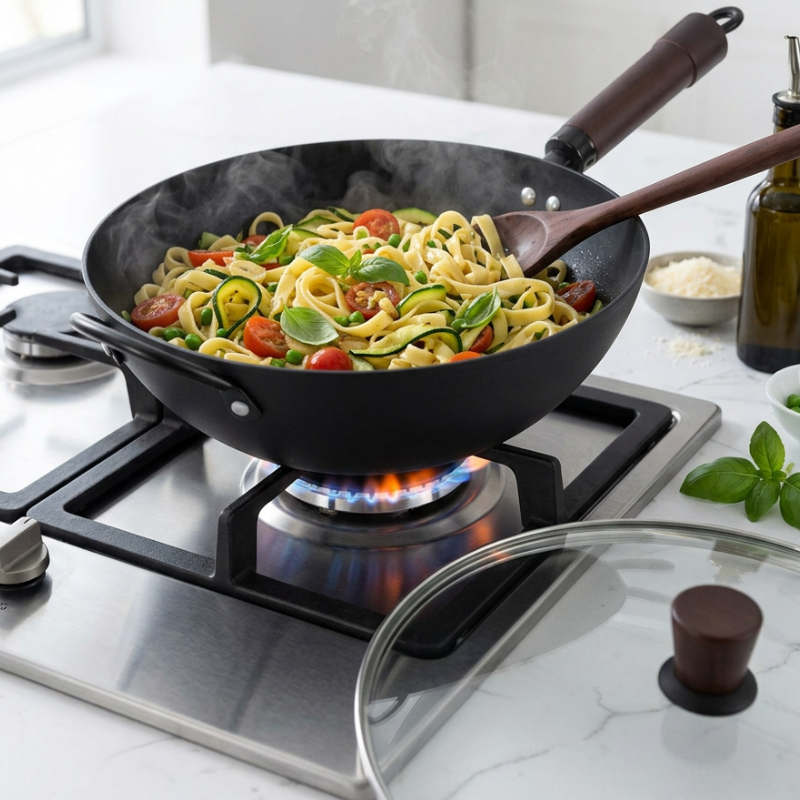 Le Ikari Eisen Wok Flacher Boden auf in Aktion