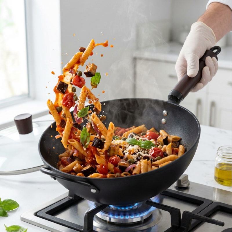 Le Ikari Eisen Wok Flacher Boden mit Maßangaben und Skizze