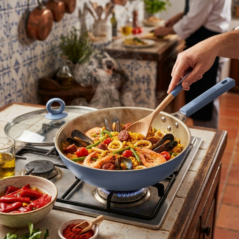 Le Maroki Eisen Wok für Induktion beim Schwenken von Nudeln und Sauce