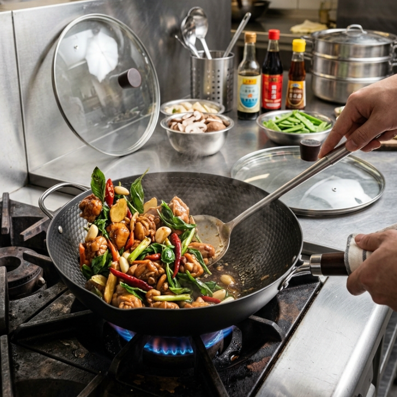 Le Sayumi Antihaft Wok Detail des ergonomisch geformten Stielgriffs