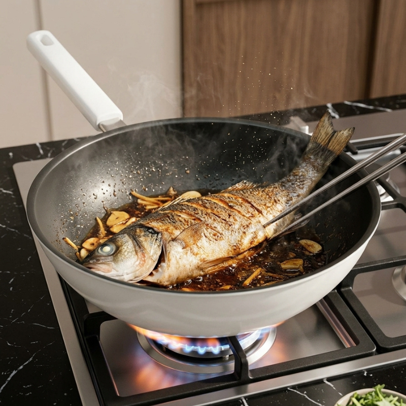 Le Asahidake Keramik Wok seitliche Ansicht mit Induktionsboden