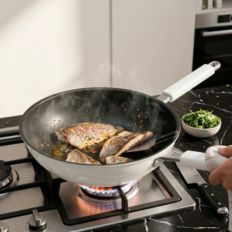 Le Asahidake Wok Keramik Induktion in heller Wohnküche