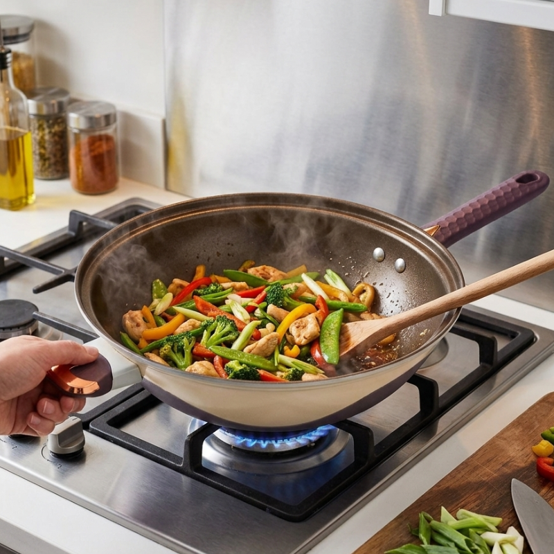 Le Hakusan Wok aus Schmiedeeisen beim Zubereiten von Rindfleisch