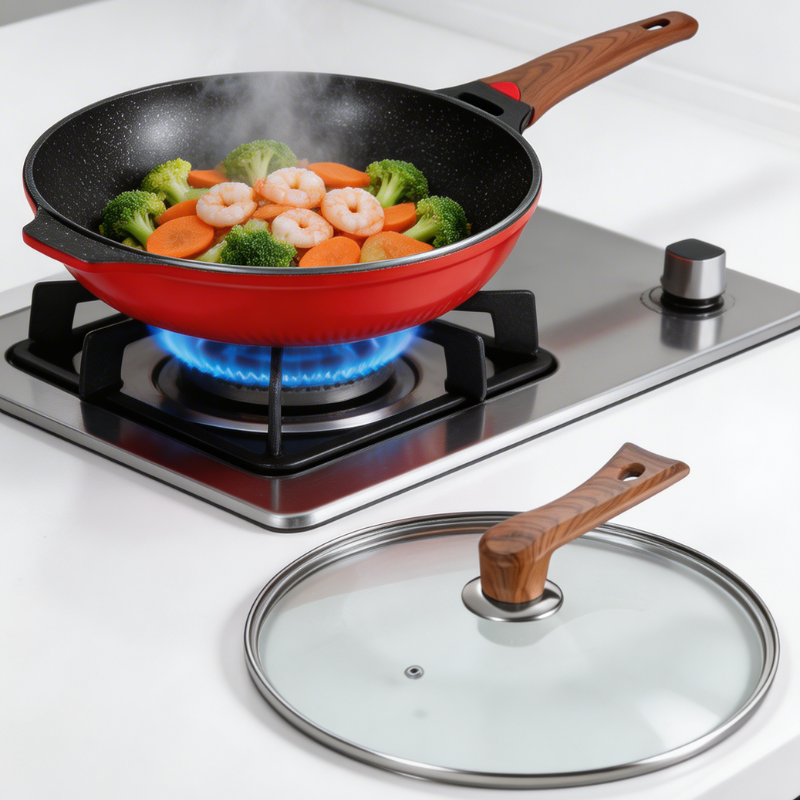 Le Murano Wok 32 cm beschichtet mit Deckel und Zubehör abgebildet