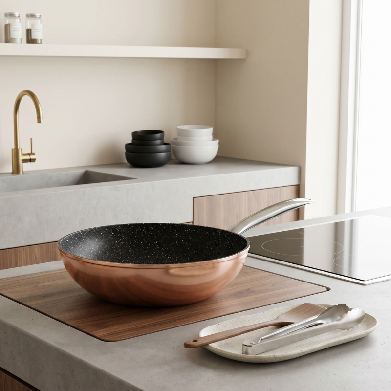 Le Monska Carbonstahl Wok Pfanne mit Holzgriff im Detail fotografiert