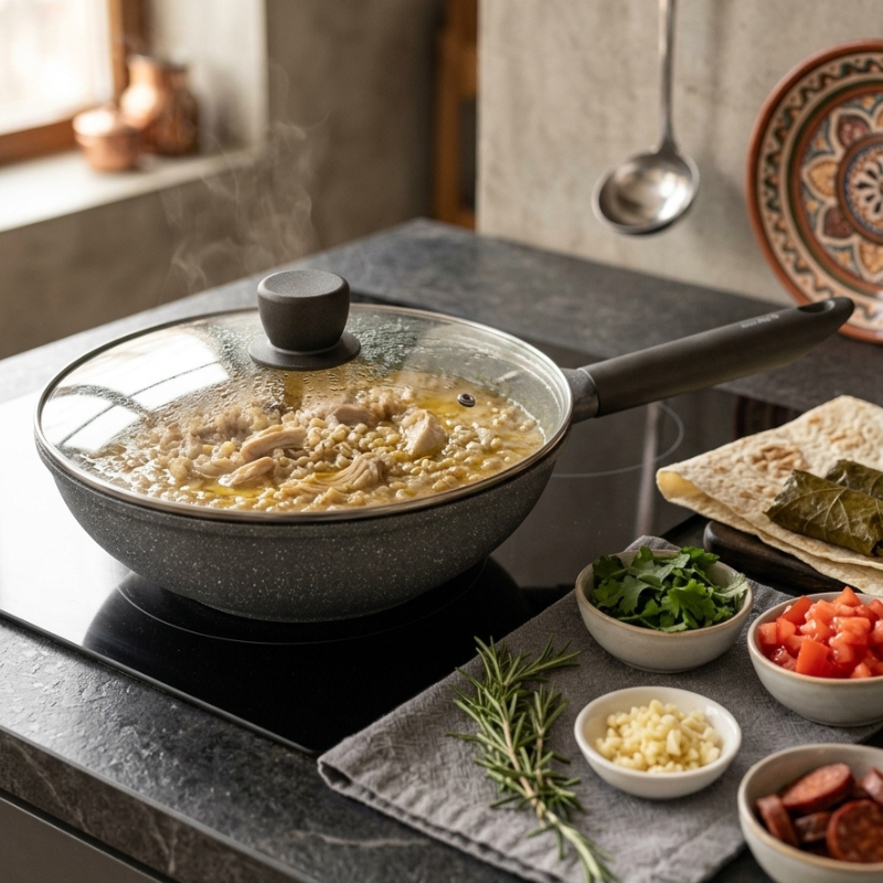 Le Hayachine Granit Wok beim Braten von Gemüse auf dem