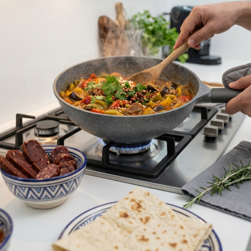 Le Hayachine Granit Wok in hochwertiger Verpackung mit Zubehörteilen