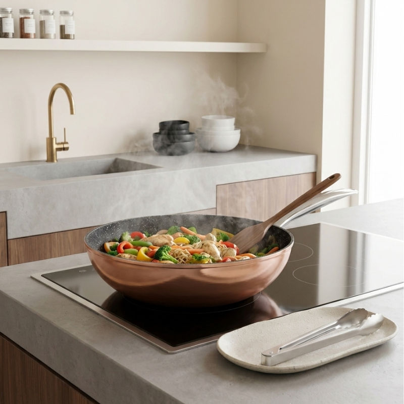 Le Monska Wok Pfanne Carbonstahl mit Deckel und Wender im Set verpackt