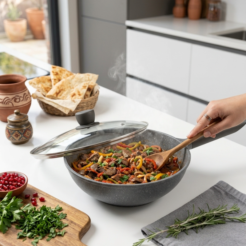 Le Hayachine Granit Wok mit hitzebeständigem Holzgriff im Detail