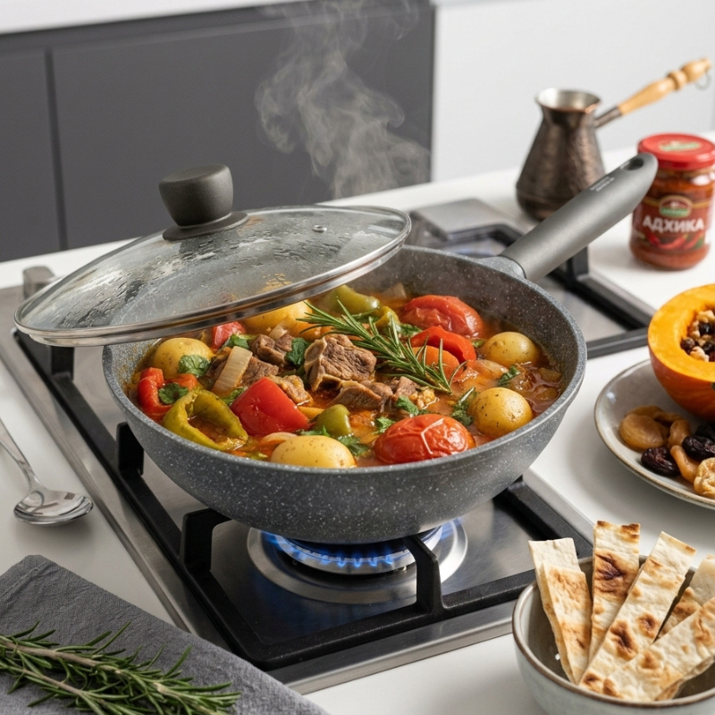 Le Hayachine Granit Wok aus Aluminium von oben mit Innenansicht