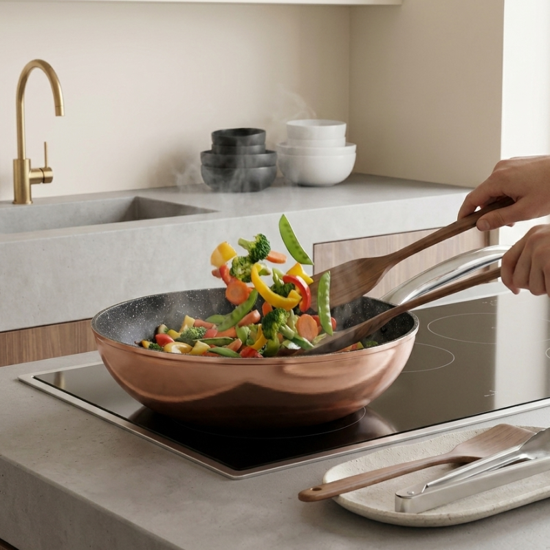 Le Monska Wok Pfanne aus Carbonstahl mit Detail des genieteten Griffes