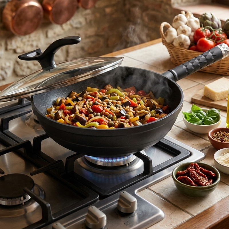 Le Takino Wok für Ceranfeld beim Schwenken bunter Paprika