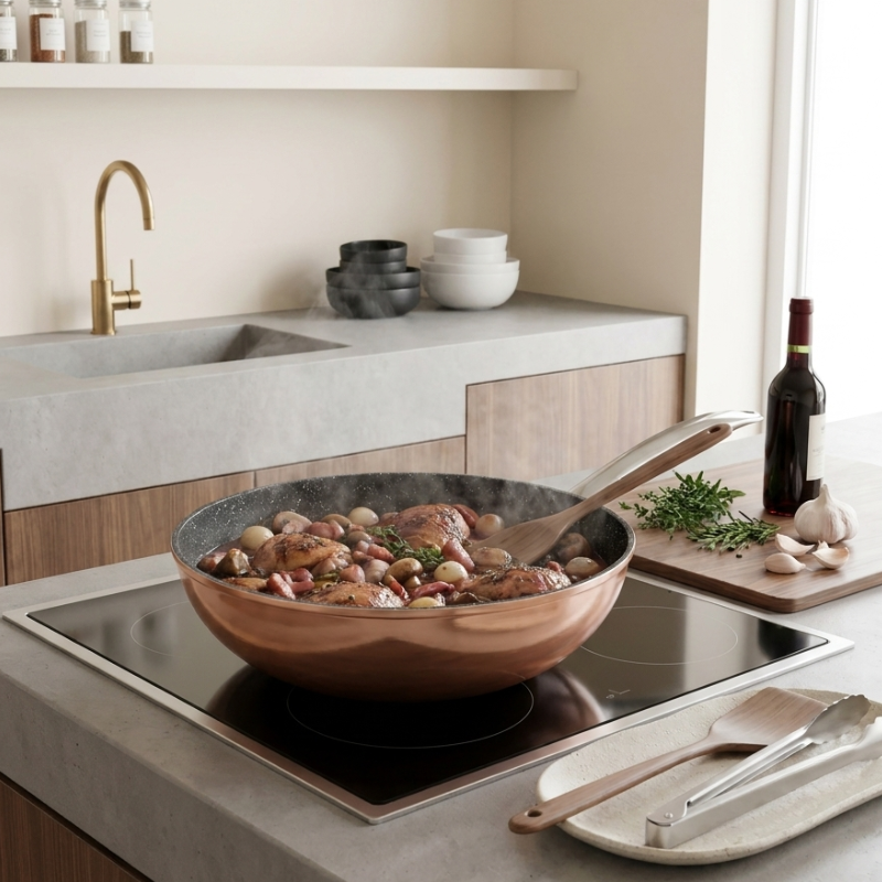 Le Monska Carbonstahl Wok Pfanne in eleganter Produktverpackung
