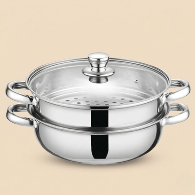 Le Senami Wok Set aus Carbonstahl mit Dünsteinsatz in Vorderansicht