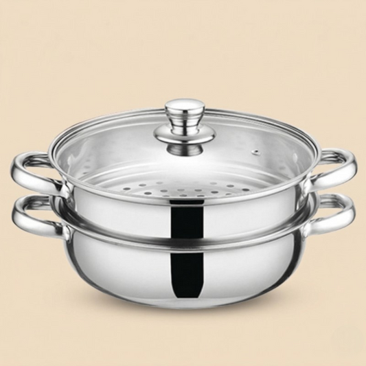 Le Senami Wok Set aus Carbonstahl mit Dünsteinsatz in Vorderansicht