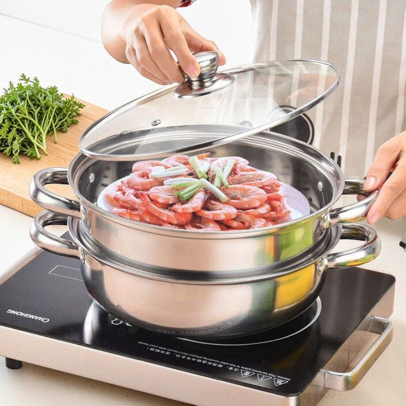 Le Senami Carbonstahl Wok mit Bambus-Dünsteinsatz von oben fotografiert