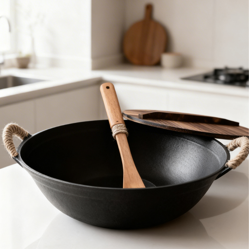 Le Ontake Wok Gusseisen Induktion mit Holzgriff in seitlicher Ansicht