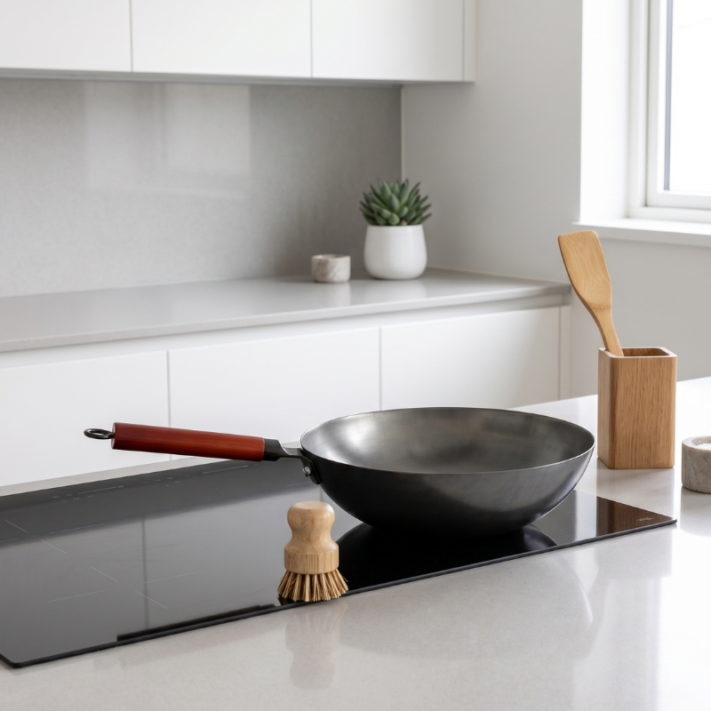 Le Sahami Detailaufnahme des Karbonstahl Woks mit ergonomischem Holzgriff