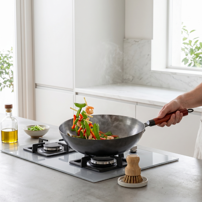 Le Sahami Karbonstahl Wok beim Anbraten von Gemüse auf dem Gaskochfeld