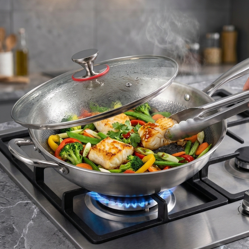 Le Myogi Wok beim Flambieren von Gemüse