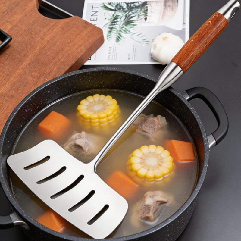 Le Mishio Metal Wok Spatula Edelstahl mit Aufhängeöse in Großaufnahme