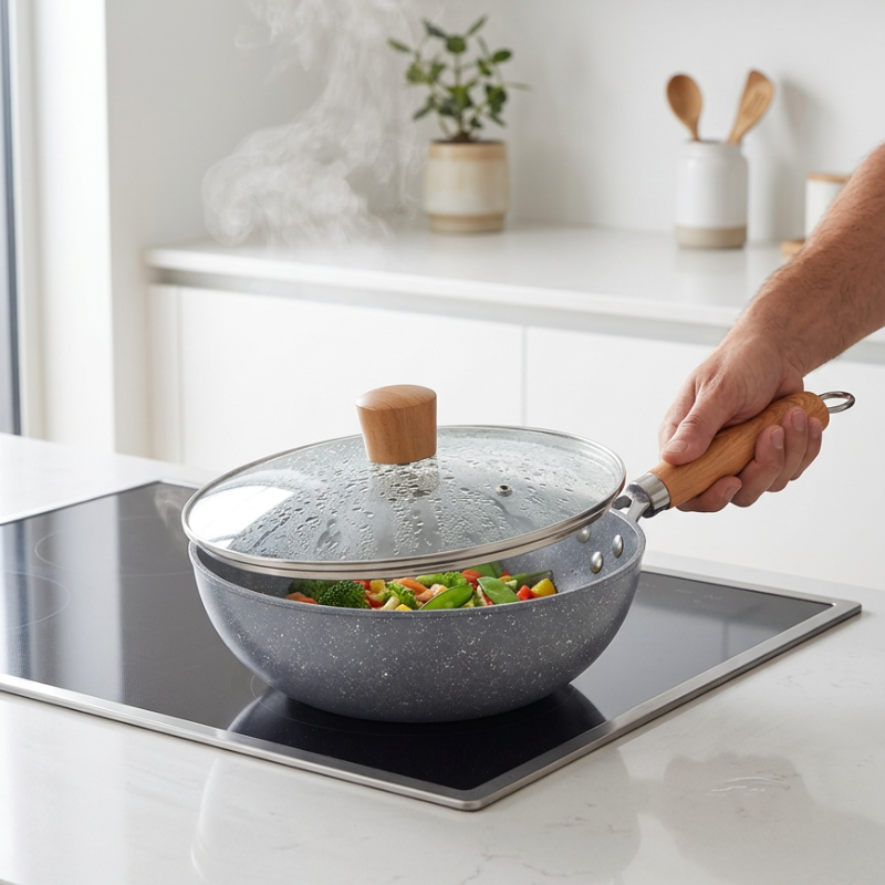 Le Sanome Induktions Mini Wok beim täglichen Einsatz in moderner Küche