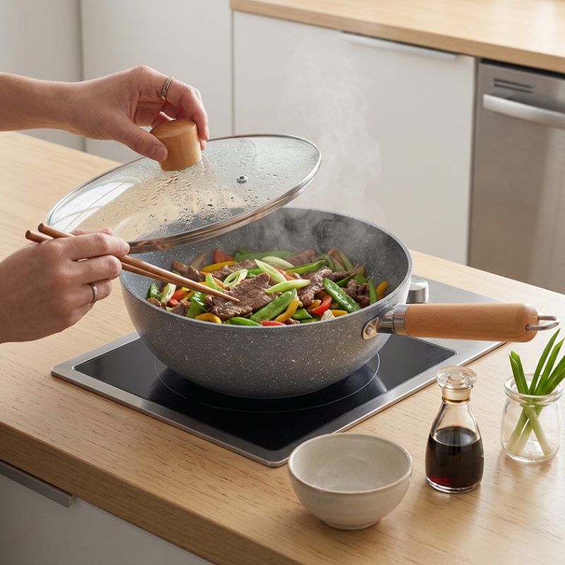 Le Sanome Mini Wok 20 cm auf Küchentheke mit Zubehör arrangiert