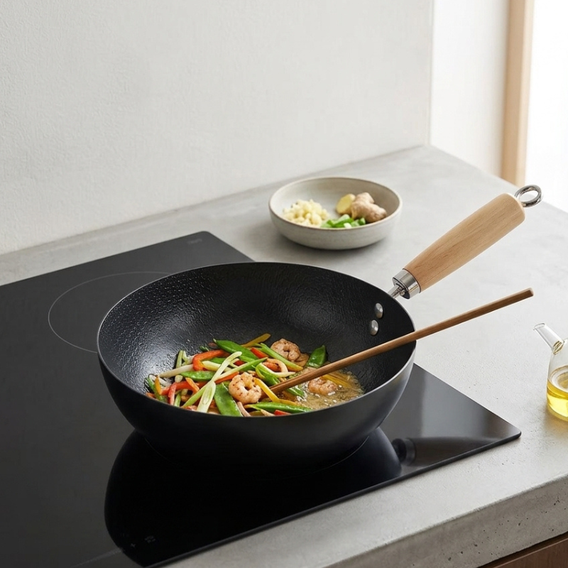 Le Nikko Schmiedeeisen Wok mit brutzelndem Fleisch und intensiver Hitze