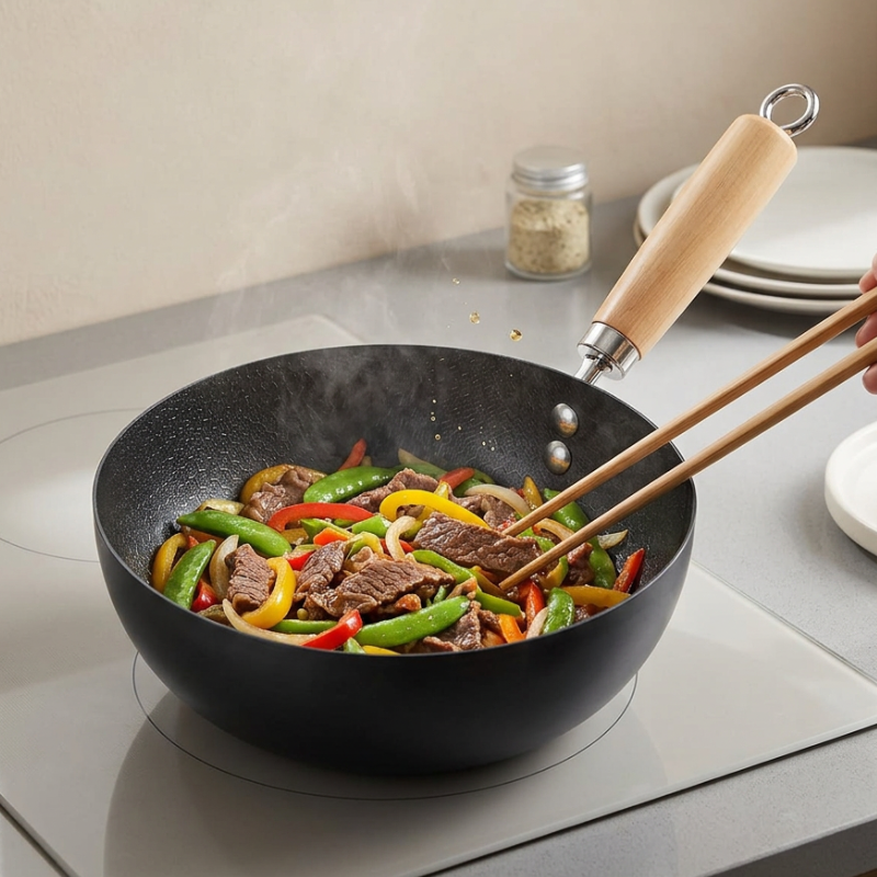 Le Nikko Kleiner Wok Schmiedeeisen in der Hand beim traditionellen Schwenken