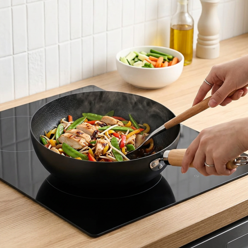Le Nikko Schmiedeeisen Wok mit fertigem Pfannengericht servierbereit