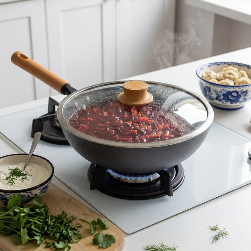 Le Kuroha Eisen Wok Pfanne mit traditionellem Holzgriff im Detail