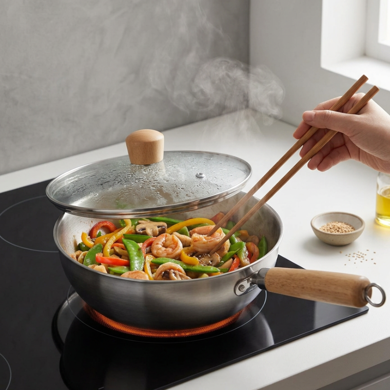 Le Nuriko Edelstahl Wok mit Glasdeckel und sichtbarem Garprozess