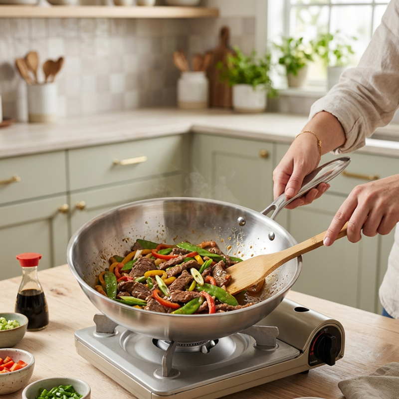 Le Ishizuchi Edelstahl-Wok mit Deckel und vernietetem Griff im Detail
