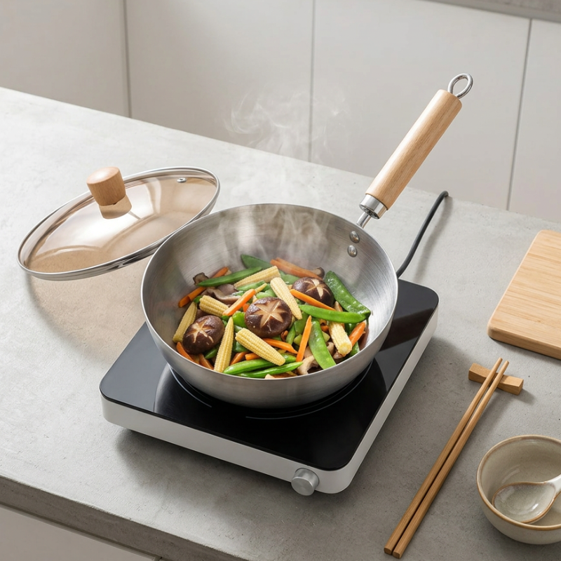 Le Nuriko Kleiner Wok Edelstahl in der Hand gehalten zum Schwenken
