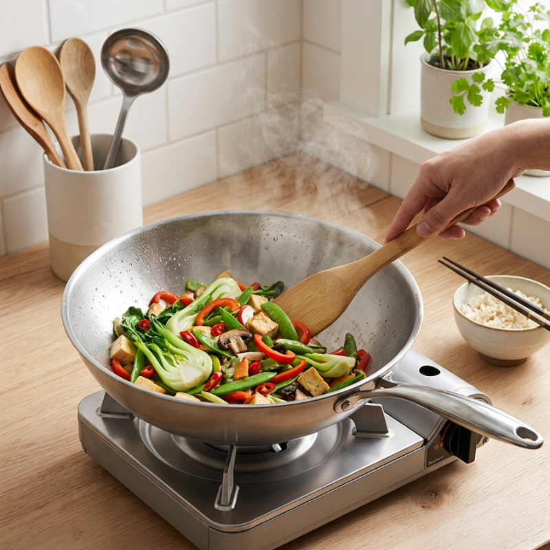 Le Ishizuchi Wok Edelstahl mit Deckel beim Pfannenrühren von Gemüse