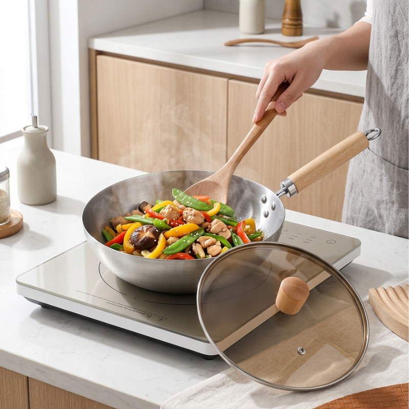 Le Nuriko Edelstahl Wok mit goldbraun gebratenen Nudeln serviert