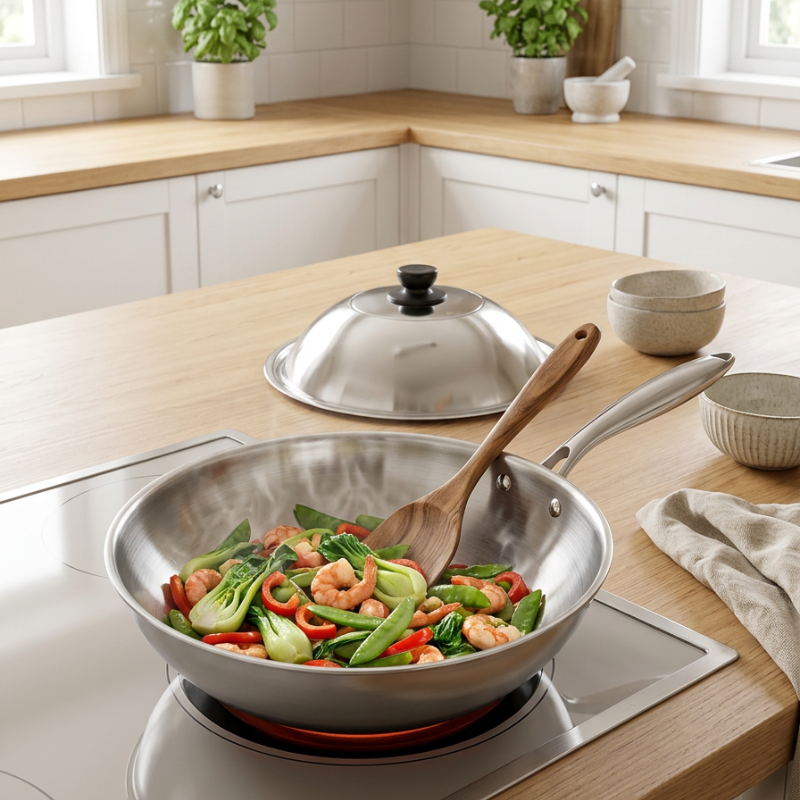 Le Ishizuchi Edelstahl-Wok mit Deckel und Dampfaustritt beim Garen