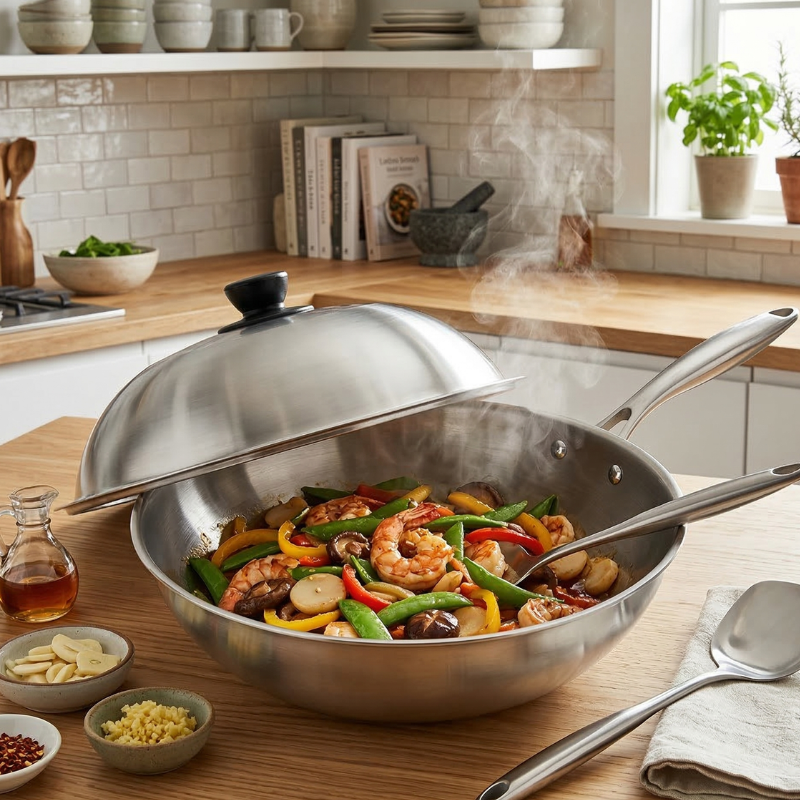 Le Ishizuchi Wok aus Edelstahl mit Deckel im Größenvergleich zur Hand